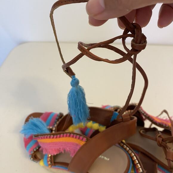 Y2K 2000s Mark Wedges Women 9 Boho Colorful 6.75” Heels Ankle Strap Rhinestone - Picture 7 of 9